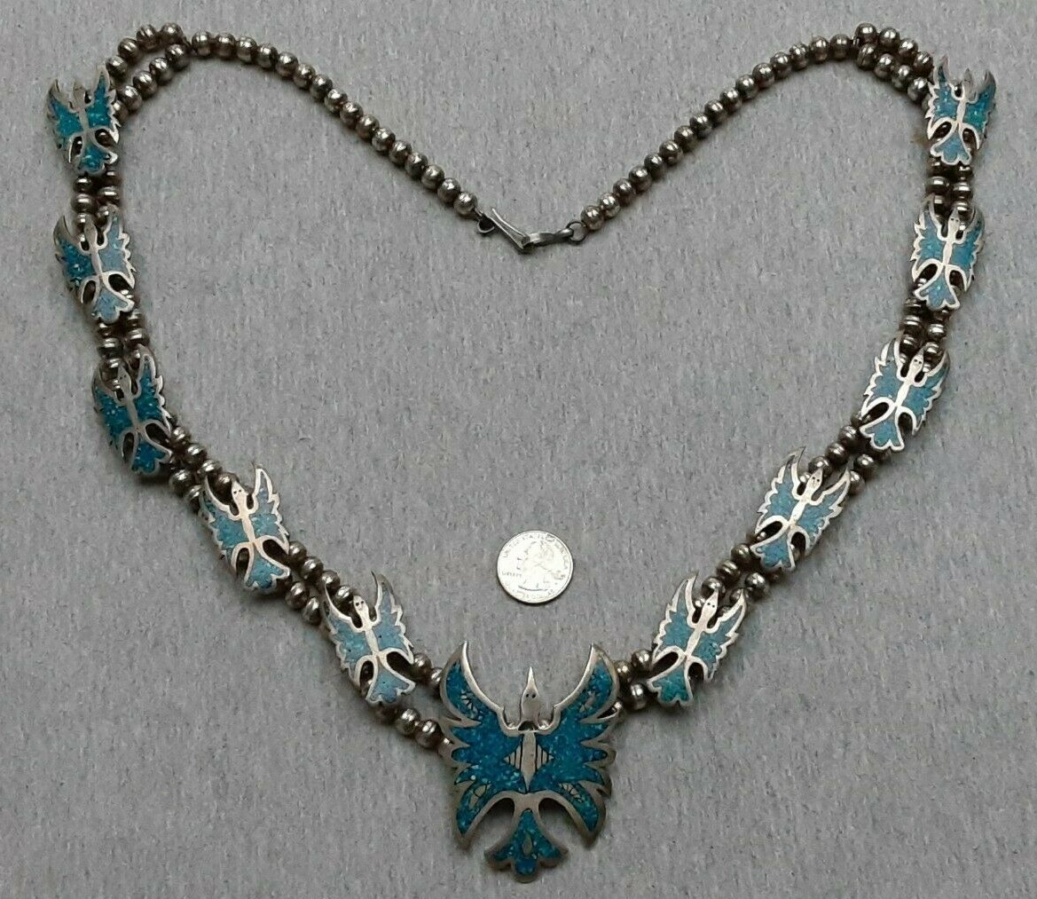 Gigantic Vintage Navajo 'Turquoise Bird' Sterling Native American Jewelry Silver Squash Blossom Necklace Gigantic Vintage Navajo 'Turquoise Bird' Sterling Native American Jewelry Silver Squash Blossom Necklace