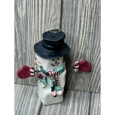 Vintage Snowman Ornament Square Cube Black Hat & Red Mittens 5" Tall