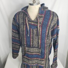 Vtg Mexican Poncho Baja Hoodie Drug Rug Hooded Pullover Rasta Rag L/XL