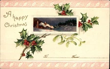 CHRISTMAS snowy country scene vignette holly mistletoe~ c1910 FRANK LAPHAM