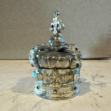 Silver Tone Jeweled Crown Trinket Box Decorative Container w/ Hinged Lid