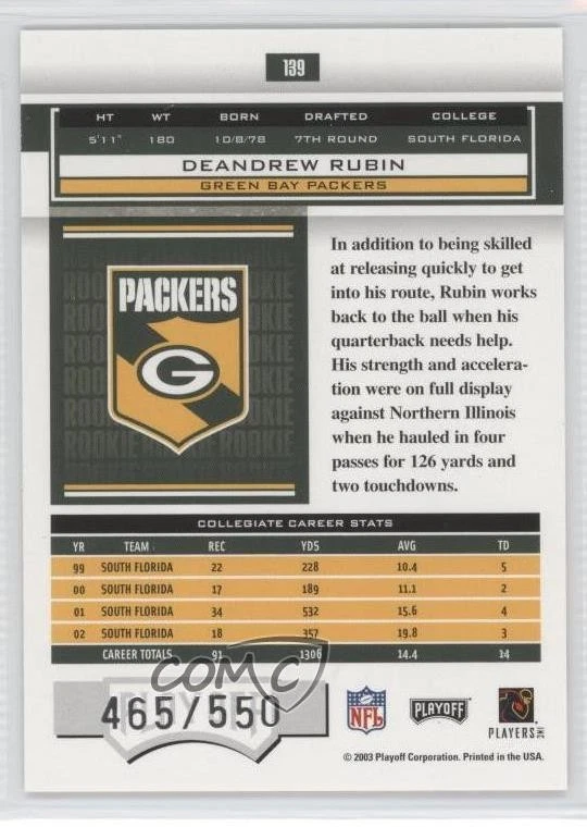 2003 Playoff Honors Rookie /550 DeAndrew Rubin #139 Rookie RC - Image 2 of 2