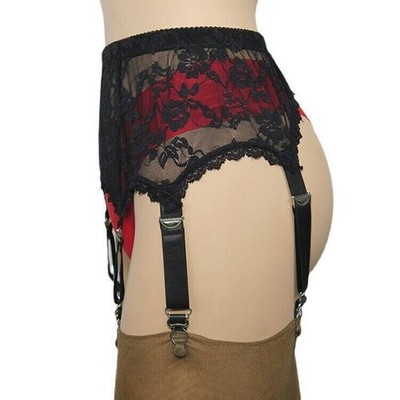Sexy Black Floral Lace Garter Belt 6 Straps Suspender Belt Sheer Lingerie