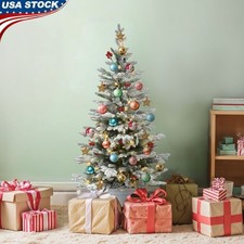 Pre-Lit Flocked Arctic Fir Pencil Tree 100 Lights Red Berries Christmas Decor US