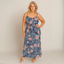 ROCKTHOSECURVES WOMENS Blue Pink Floral V Frilled Top Maxi Dress