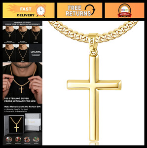 Authentic Sterling Silver Cross Necklace for Men, Gold Plated, Cuban Link