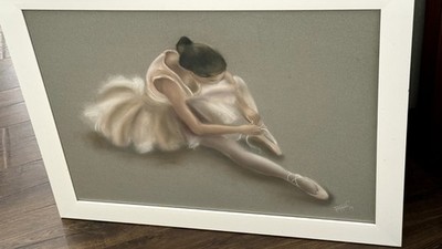 Ballarina Framed Large Pastel Painting With Glass By Ferran 1989 Pre-owned 