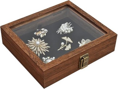 Tempered-Glass Top Small Wooden Jewelry Display Case with Removable Black Lux...