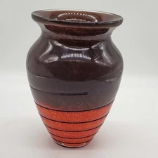 Hand blown art glass swirled orange to brown vase 8"