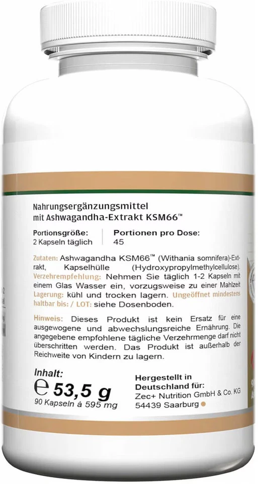 ZEC+ Health+ Ashwagandha (mit KSM-66), 90 Kapseln Dose - Bild 4 von 4