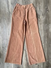 Vintage 70s 80s XS S 24 25 Tan Corduroy Wide Leg Belted Bell Bottoms Pleated