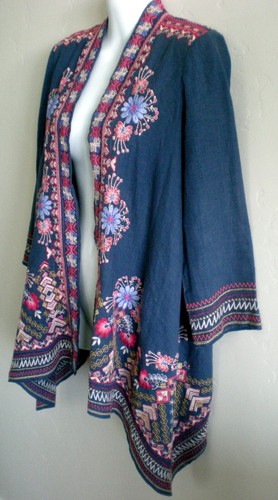 Johnny Was XS Frederique Draped Blue Linen Embroidered Open Jacket 3/4 Sleeves - Picture 2 of 10