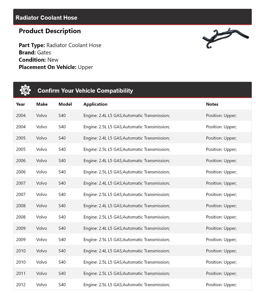 Верхние ворота шланга охлаждающей жидкости радиатора для Volvo S40 2004-2012 годов выпуска 2005 2006 2007 2008 годов выпуска - Изображение 2 из 3