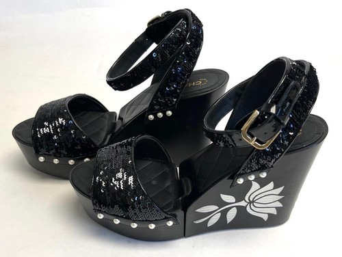 $1500 CHANEL Logo Sequins Heels Platform Sandals Shoes with Box EUR 38 US 7.5 - Picture 5 of 9