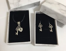 Key Heart Engraved ￼Charm Slider Pendant Necklace Earrings Set “Made With Love”