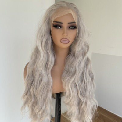 Damen Long Wavy Lace Front Wig Hitzebeständiges Kunsthaar Silber