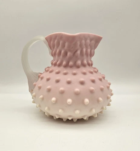 19th Cen. Phoenix Art Glass Burmese Matte Hobnail Water Pitcher w/Ribbed Handle