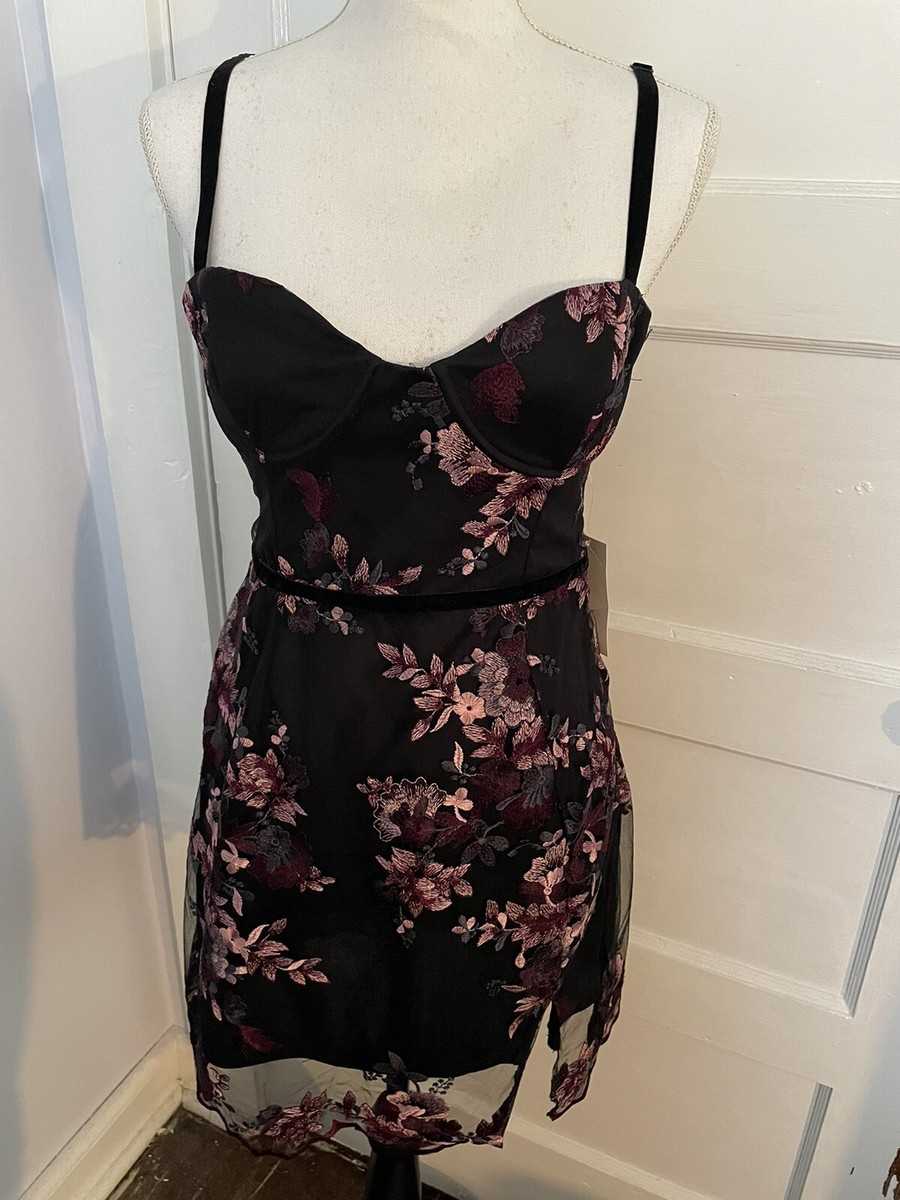 NWT Tobi Black Pink Purple Floral Embroidered Mini Dress Sz M