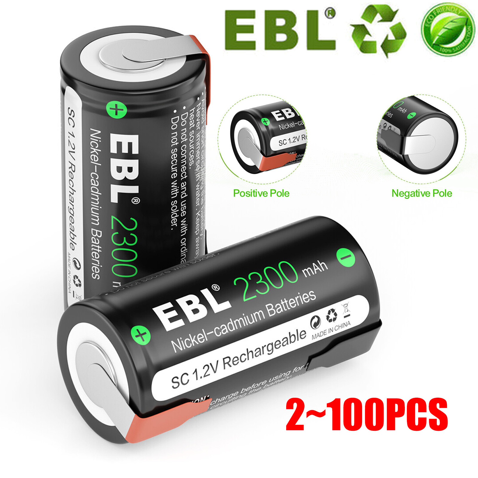 EBL for Power Tools 1.2V Flat Top Lot Sub C NiCd Rechargeable Batteries 2300mAh