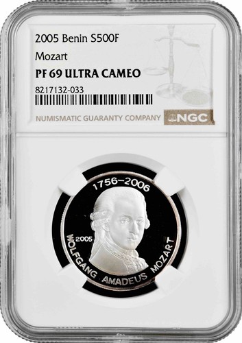 Benin 500 francs 2005, NGC PR69 UC, "Wolfgang Amadeus Mozart" Top Pop 2/0