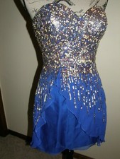 3959) Sherri Hill Sapphire Blue Gold Sequin Beaded Strapless Dress Prom Preowned