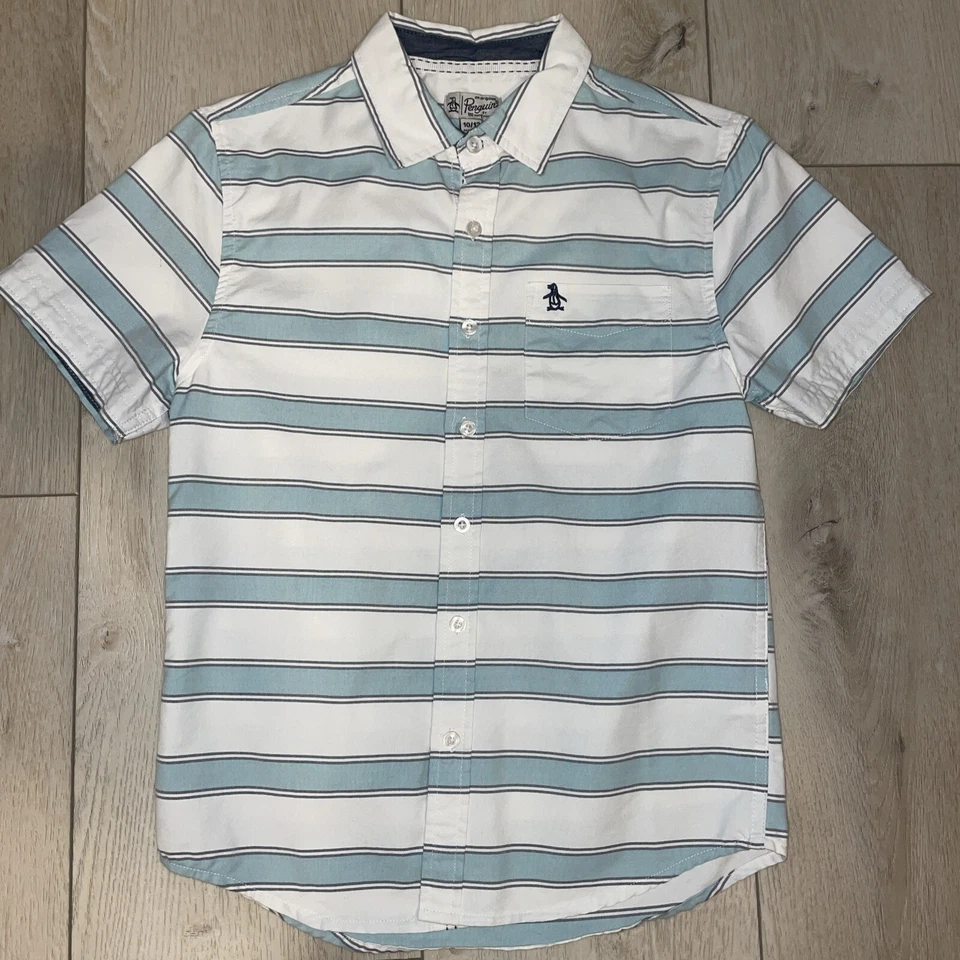 Camisa con botones Penguin Boys logotipo a rayas talla 10-12 usada en excelente estado Foto 2 de 4
