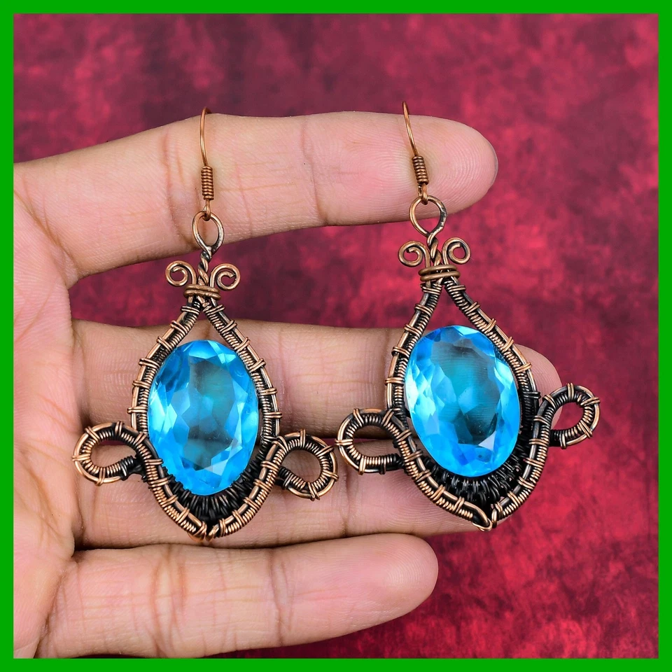 Pendientes de boda envueltos en alambre gancho gota piedras preciosas topacio azul suizo joyería cobre Foto 2 de 4