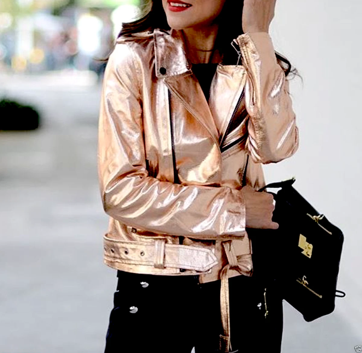 ZARA Woman XS METALLIC ROSE GOLD LEATHER BIKER JACKET PINK ROSE