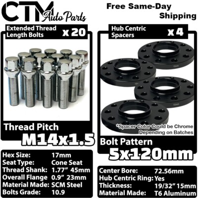 4x 15mm Thick 5x120 72.56mm C.B Wheel Spacer Chrome Bolt 14x1.5 BMW X3 X5 & More