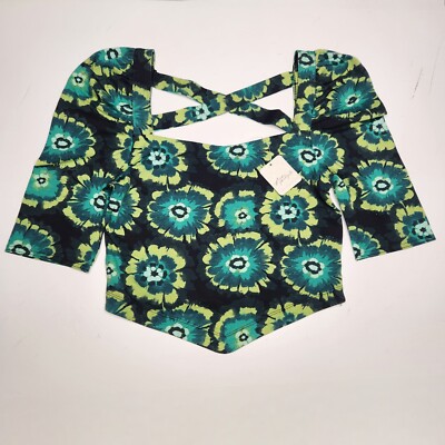 NWT Free People Crop Top Womens Small  Give Me More Green Black Puff Sleeve Boho