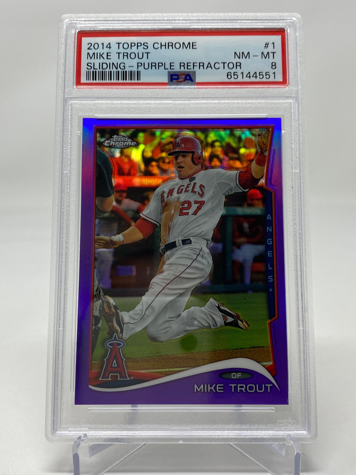 2014 Topps Chrome #1 Mike Trout Sliding PURPLE REFRACTOR - PSA 8 - POP 99 view 19