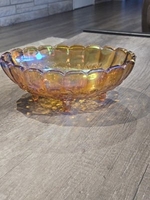Vtg Indiana Glass Amber Carnival Iridescent Oval 4 Footed Bowl Harvest Grape 