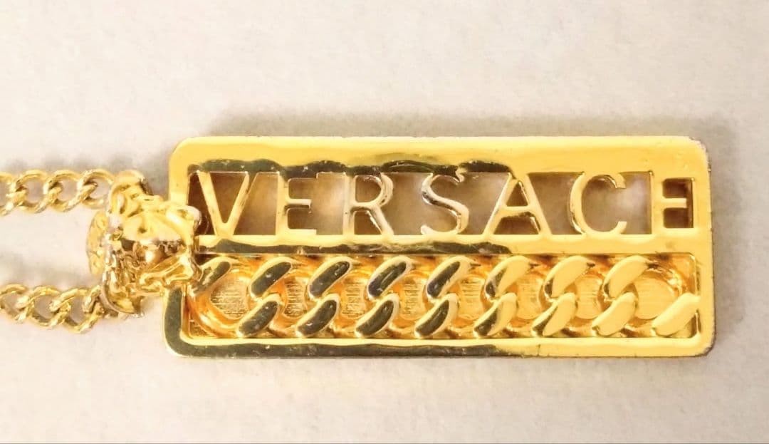 Versace Rectangular Logo Pendant Necklace Gold Le… - image 8