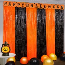 4 Pack Black Orange Tinsel Foil Fringe Curtains Halloween Party Photo Backdrop