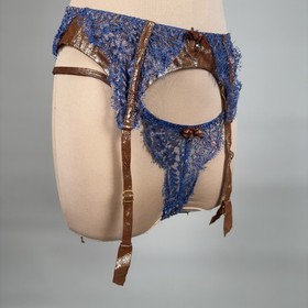 Agent Provocateur Soiree Samarra Blue Lace & Bronze Leather 3 Pc Set 34D/2 small