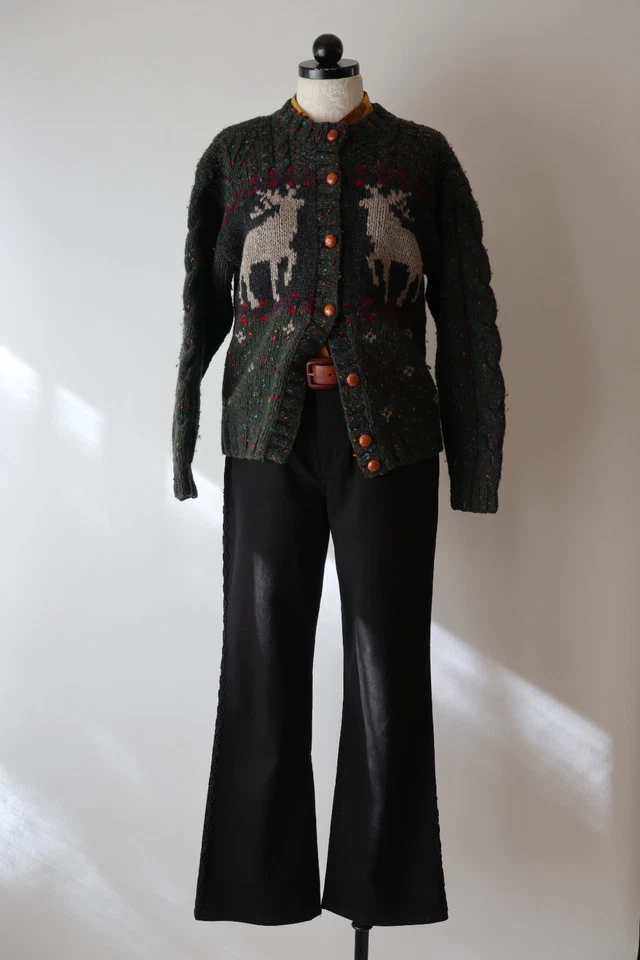 Cárdigan grueso suéter de lana de reno verde Navidad Woolrich años 90 para mujer S M Foto 4 de 4