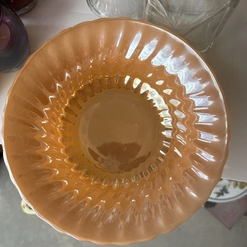 VTG Fire King Anchor Hocking Orange Peach Luster Swirl Serving Bowl 8 1/2” USA