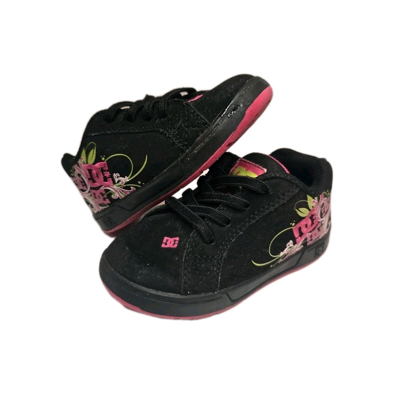 DC Black Pink Floral Lace Up Sneakers Leather Low Top US Toddler Size 6