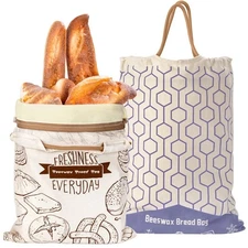 Set of 2 Reusable Beeswax Cotton Bread Bags for Sourdough & Homemade Loafï¼ŒLarg