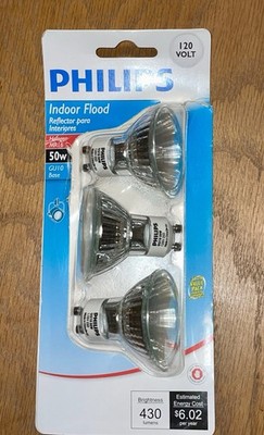 Philips 50W Indoor Flood Light MR16 GU10 Base 120-Volt Pack Of 3 Bulbs New