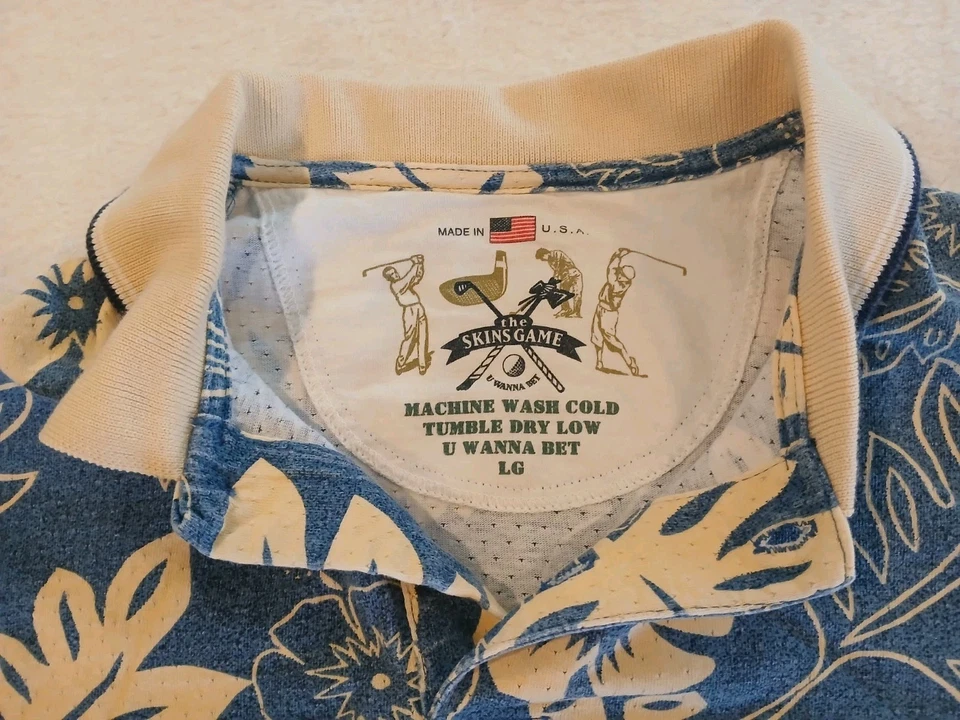 Camisa Polo de Golf Hawaiana The Skins Game De Colección Para Hombres L Azul Floral Hecha en EE. UU. Foto 3 de 4