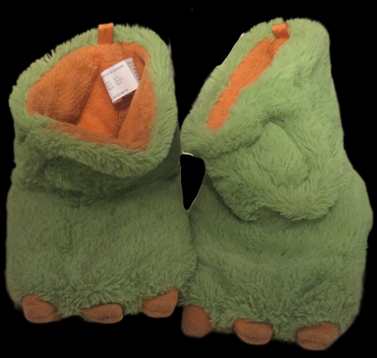 Wonder Nation Monster Green Orange Faux Fur Slip-On Slippers 9-10 Unisex Kids