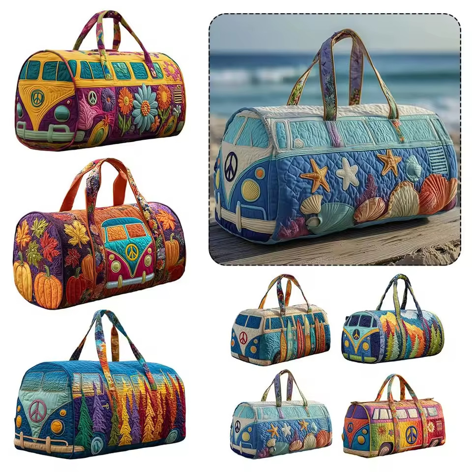 Bus Series Quilted Cotton Quilted Travel Bag 3D Design Boho Style Duffle Bag