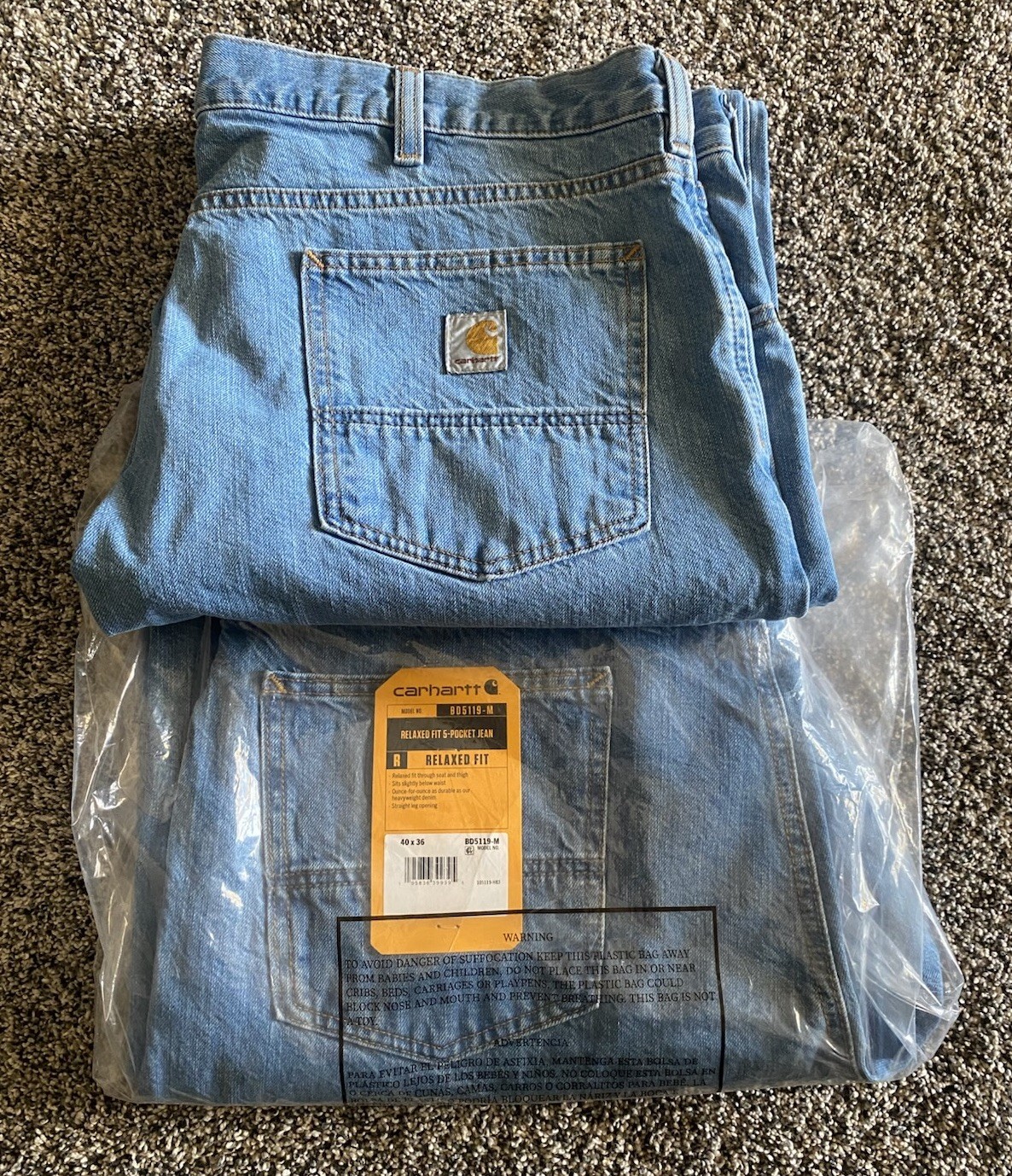 Carhartt Jeans Men's 40x36 Denim Lot 2 Relaxed Fit Medium Wash BD5119-M Straight