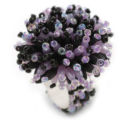 40 mm Durchmesser/Schwarz/Lavendel Acryl/Glas Perlen Gänseblümchen Blume Flex Ring-Größe M