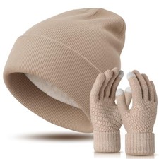Winter Fleece Lined Knit Beanie Hat Touchscreen Gloves Set Winter Slouchy Beige