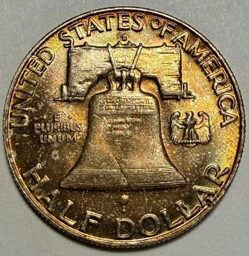 1958-D Franklin Half Dollar, Gem BU, Mint Set Toned! Silver