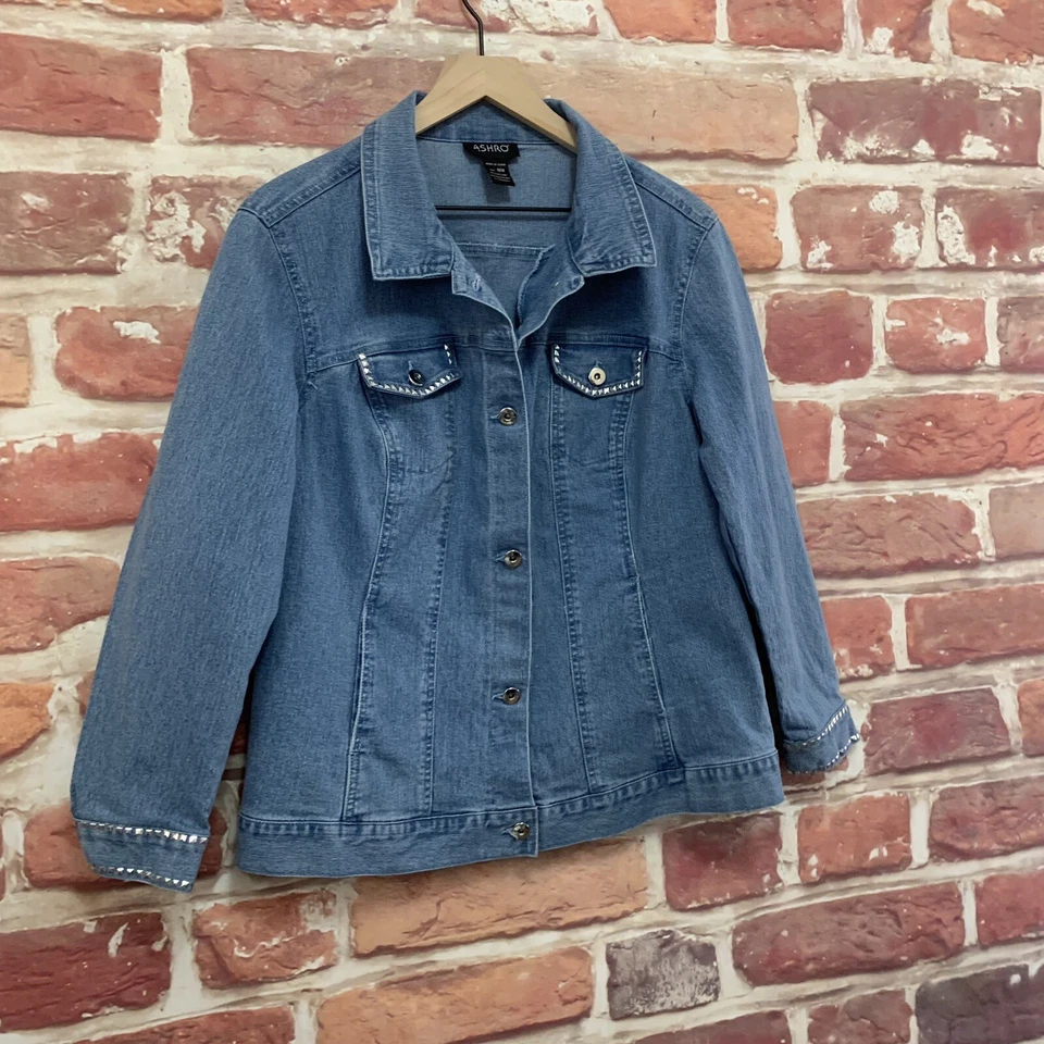 Chaqueta Ashro Vintage Mujer 18W Azul Denim Jean Plateado Tachonado Botón Frontal Foto 2 de 4