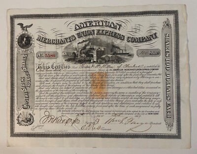 1869 American Merchants Union Express Co. Stock Certificate Wm G Fargo Signed