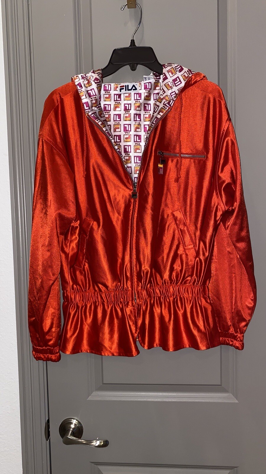 Fila Red Polyester Zip Up Hooded Jacket Gathered Waist M